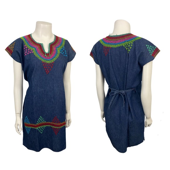 Vintage Rainbow Denim Embroidered Tie Back Tunic Top Mini Dress / Women’s Small - Picture 3 of 5